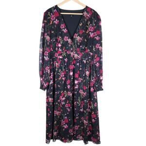 Ted Baker Womens Floral Maxi Dress 5 Black Pink Long Sleeve V-neckline Boho Chic